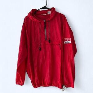 Marlboro Unlimited Red Nylon Half‎ Zip Hooded Anorak Jacket Windbreaker L